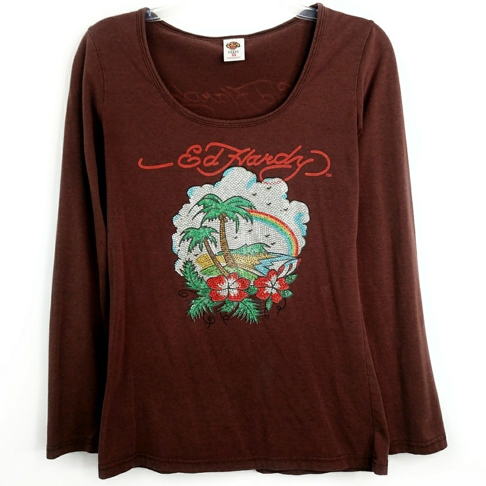 Ed Hardy Rhinestone Tropical Long Sleeve Tshirt